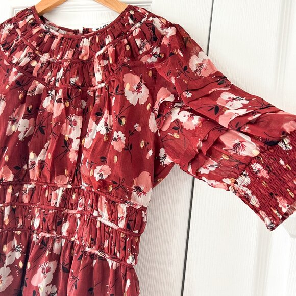 NWOT Walter Baker Red Floral Ruffle Blouse Sheer Long Sleeve Top Size Large - Picture 3 of 9